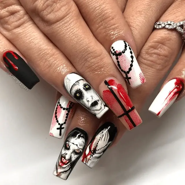 Demonic Nun Halloween Nails