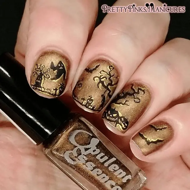 Gold and Black Spooky Scene Halloween Nails