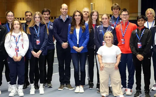 Kate Middleton wore a cobalt tailored double breasted blazer by Zara. SportsAid's charity partner BelievePerform