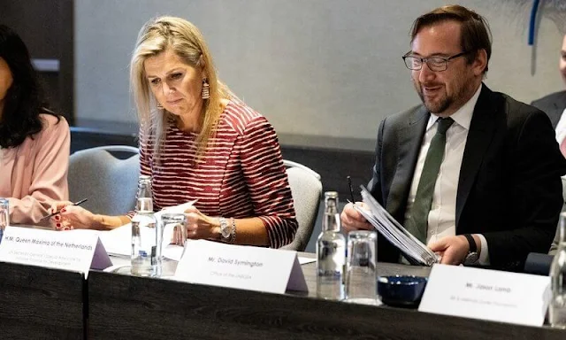 Queen Maxima wore Natan stripe dress. Queen Maxima attended a round table meeting at Radisson Blu Arboretum