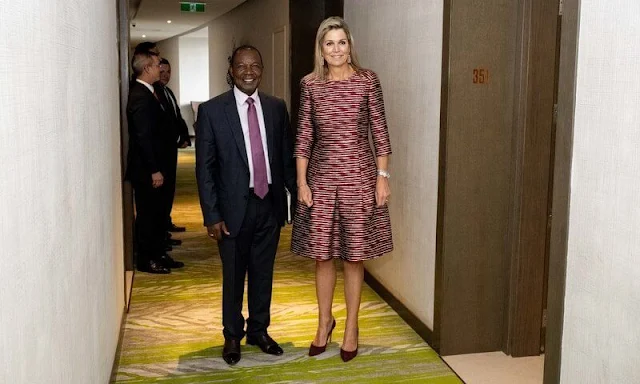 Queen Maxima wore Natan stripe dress. Queen Maxima attended a round table meeting at Radisson Blu Arboretum