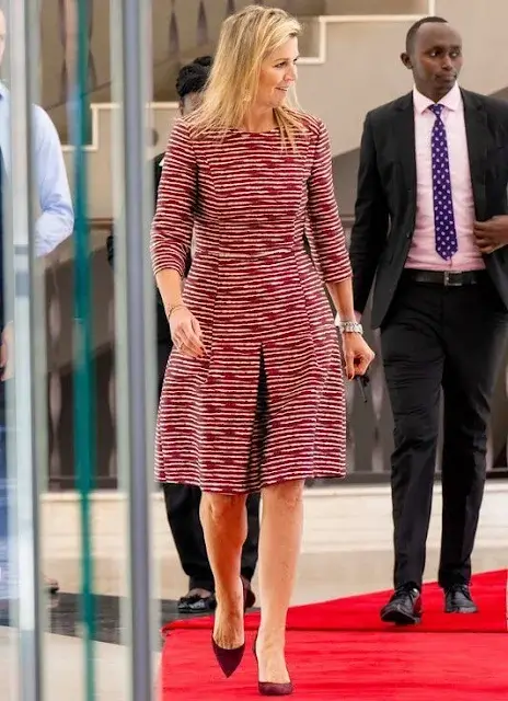 Queen Maxima wore Natan stripe dress. Queen Maxima attended a round table meeting at Radisson Blu Arboretum