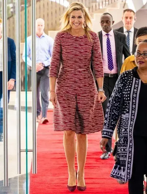 Queen Maxima wore Natan stripe dress. Queen Maxima attended a round table meeting at Radisson Blu Arboretum