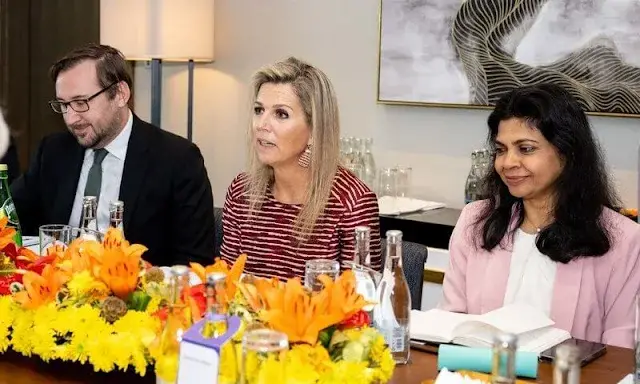 Queen Maxima wore Natan stripe dress. Queen Maxima attended a round table meeting at Radisson Blu Arboretum