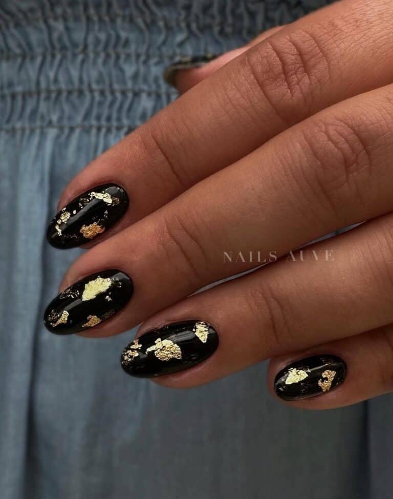 Black Nail Designs | Glossy Black Nails & Gold Flakes