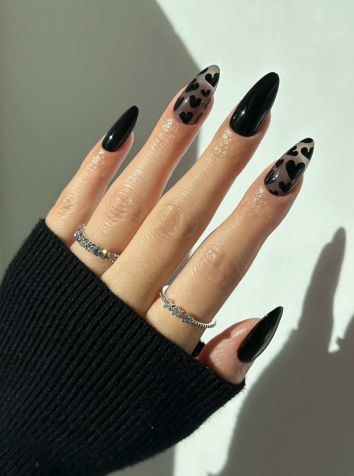 Black Nail Designs | Black Mani w/ Sheer Nails + Hearts