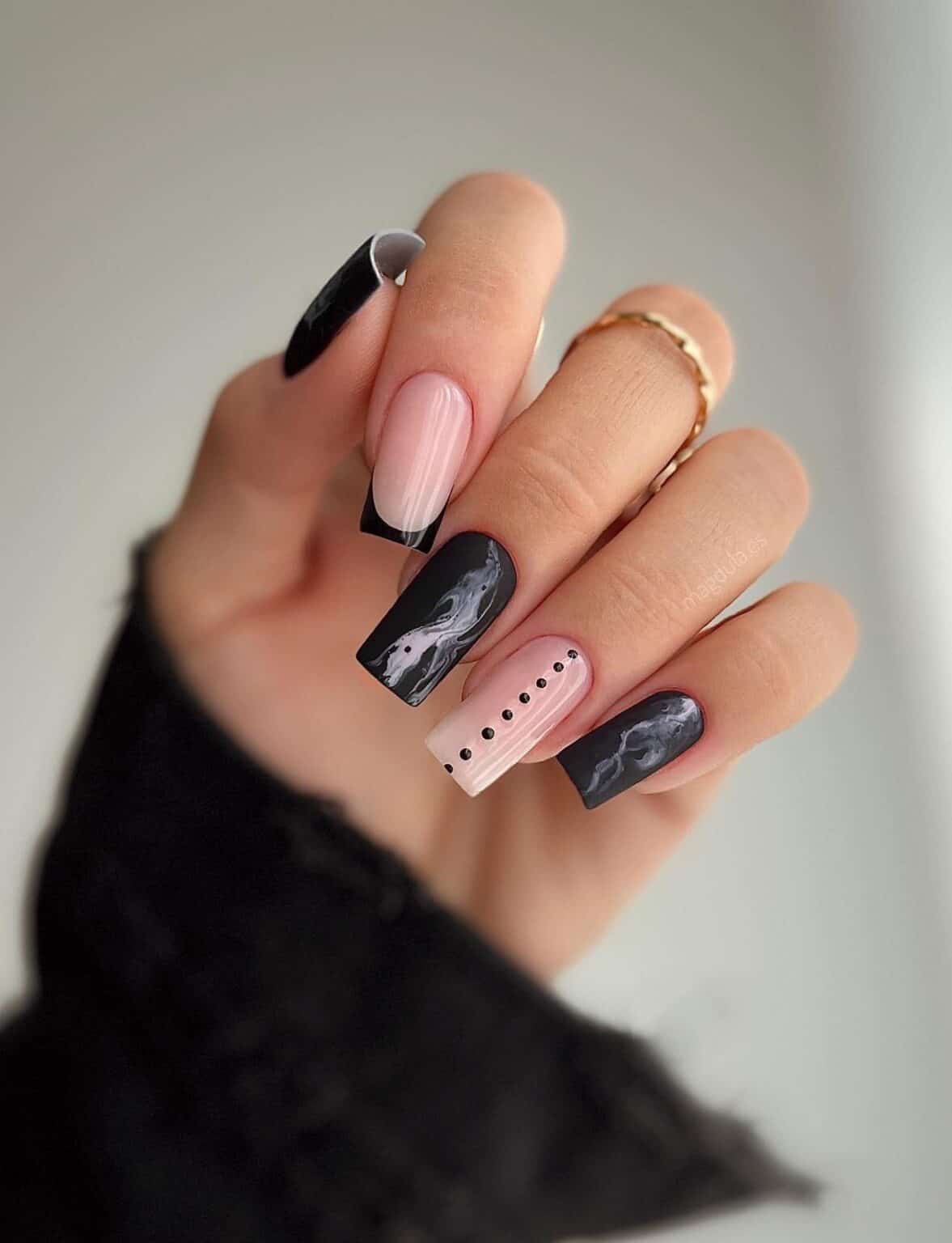 Black Nail Designs | Marbled Black Mani w/ Nude Accent Nails