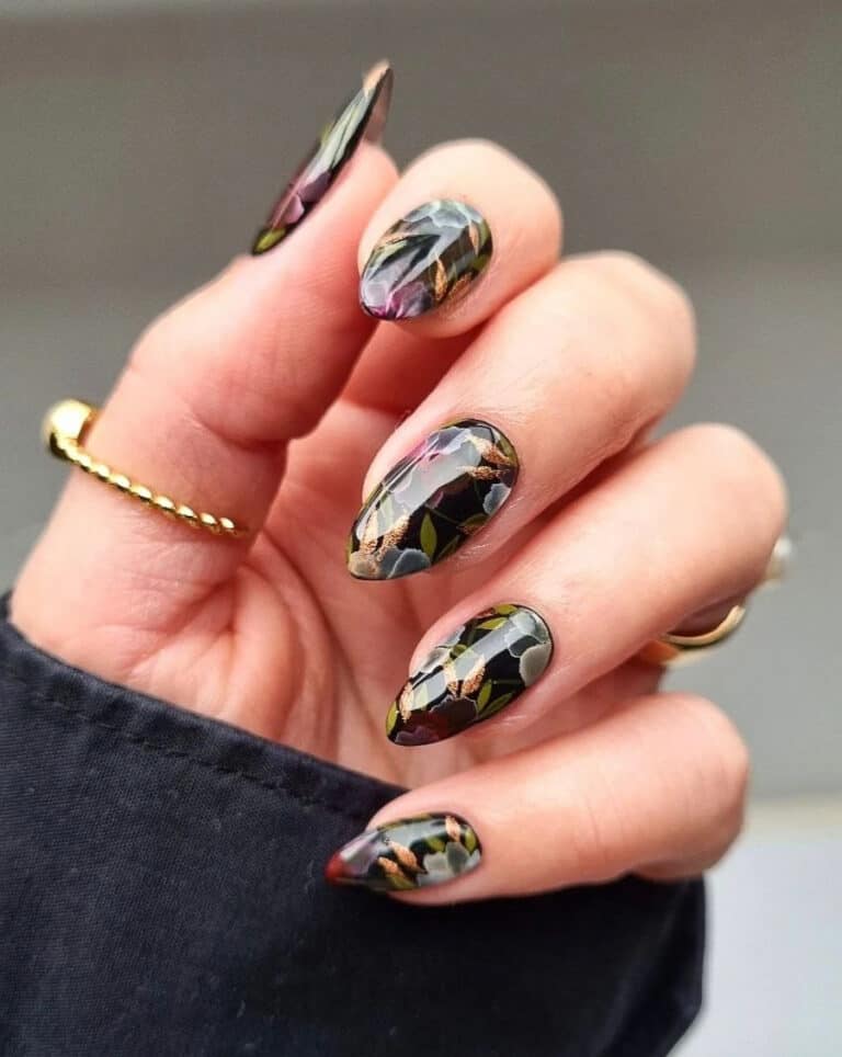 Black Nail Designs | Black Stiletto Nails w/ Floral Art