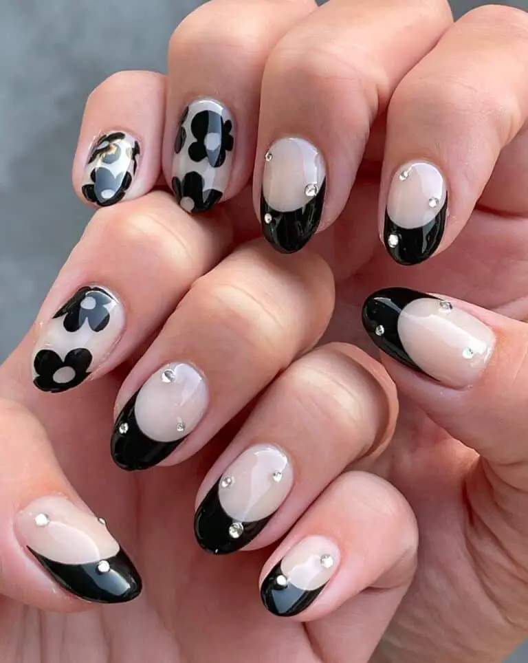 Black Nail Designs | French Tips, Floral Accents + Gem Accents