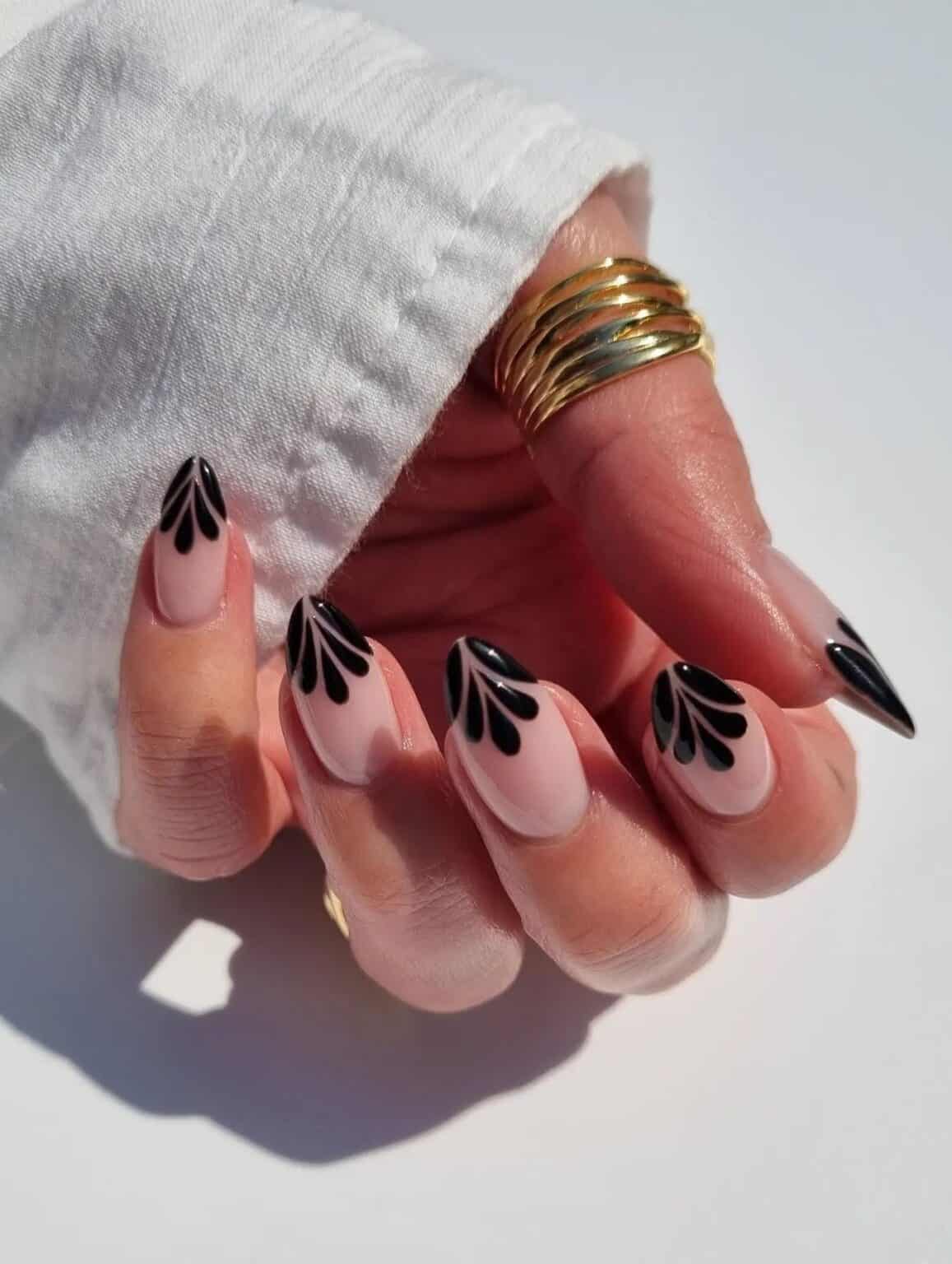 Black Nail Designs | Nude Almond Nails w/ Teardrop French Tips