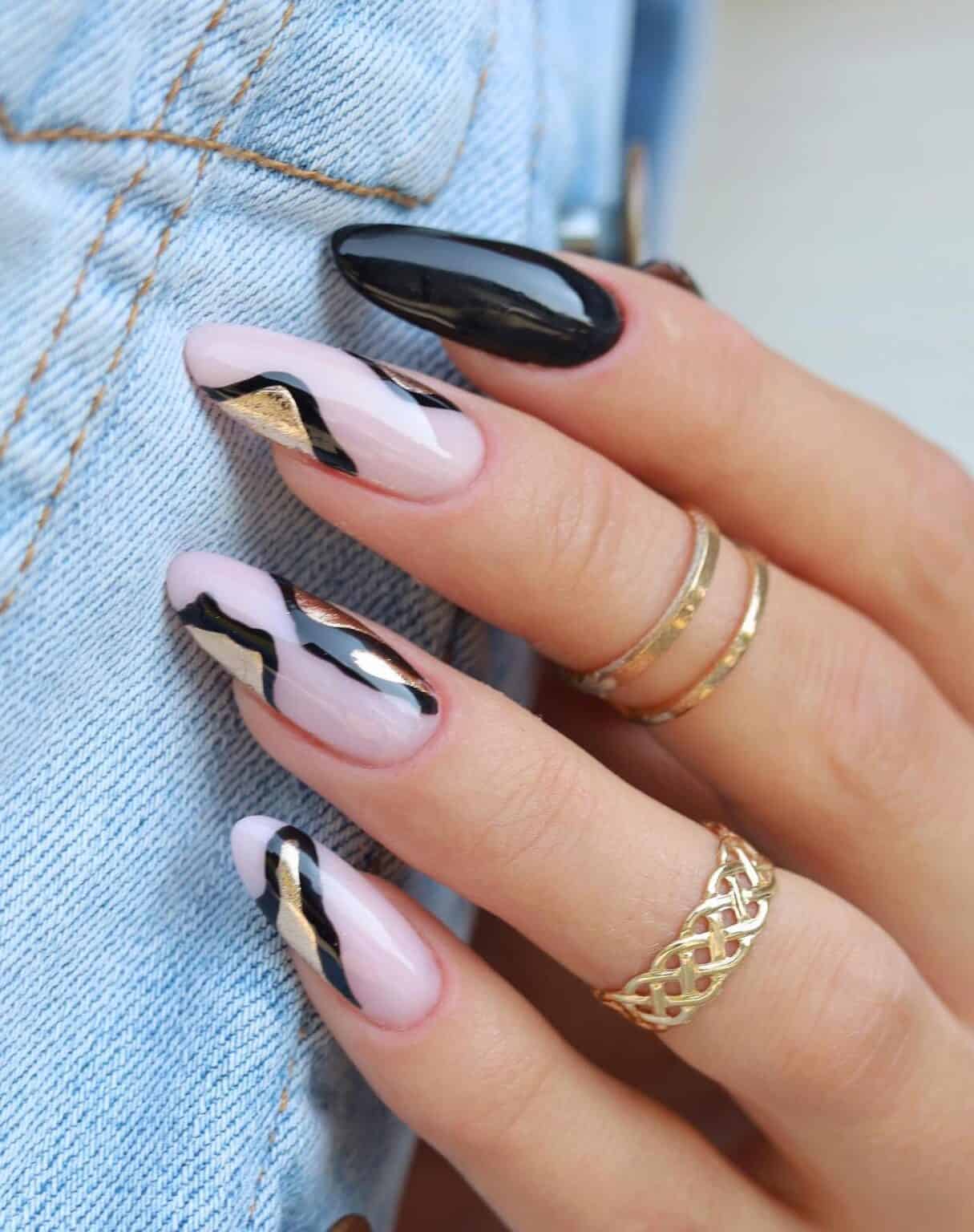 Black Nail Designs | Nude Nails w/ Black & Gold Accents