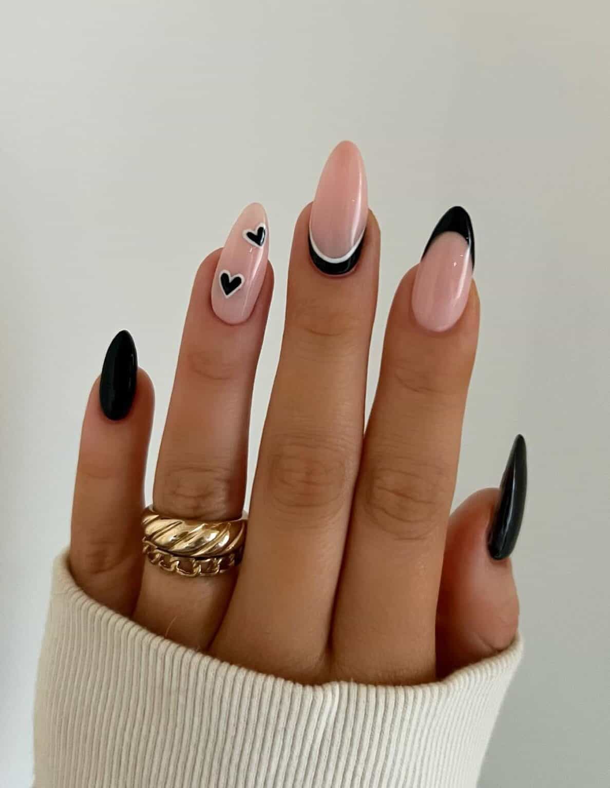 Black Nail Designs | Pink Nude Nails w/ Black French Tips + Hearts