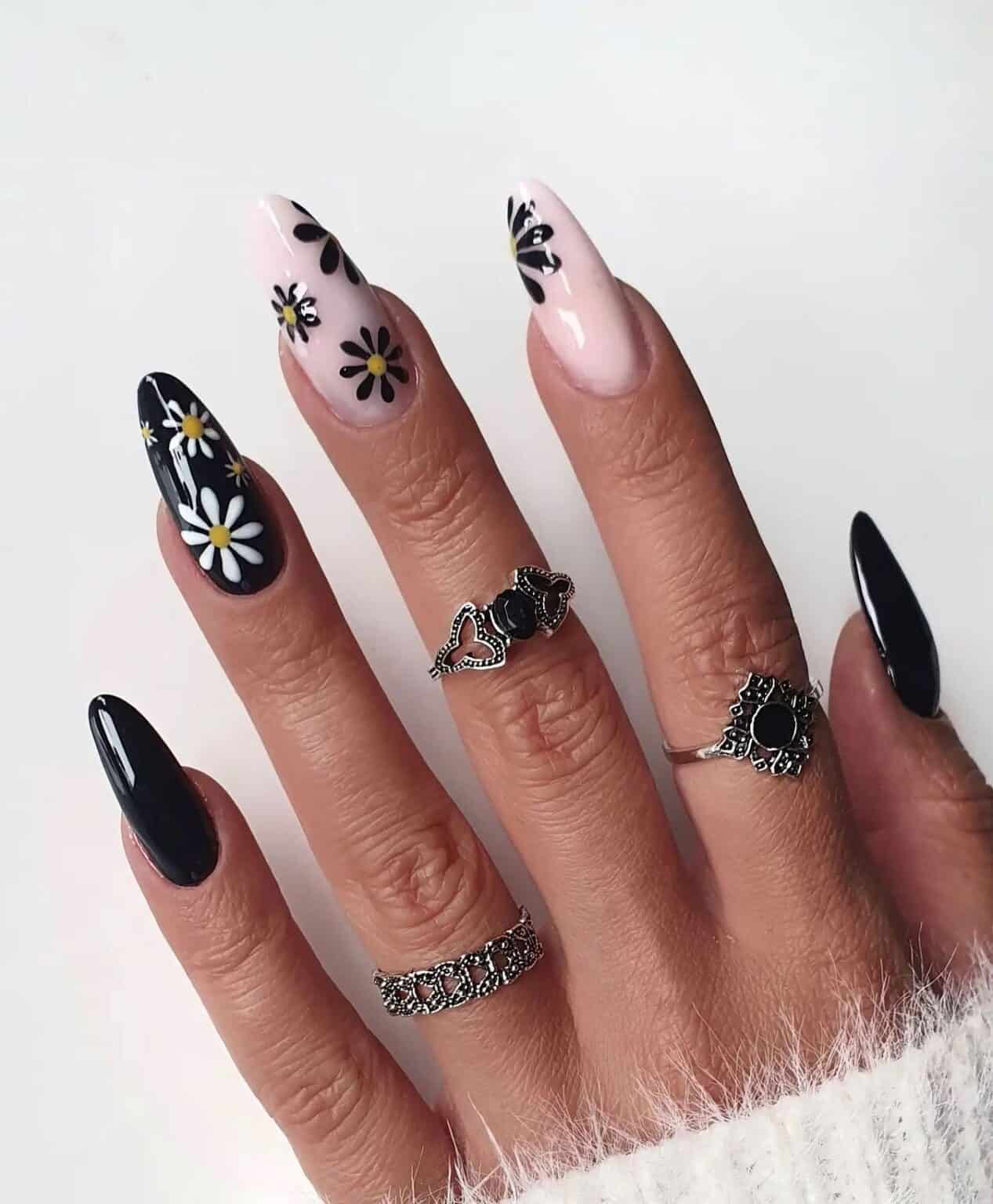 Black Nail Designs | Nude Pink + Black Polish w/ Retro Flowers