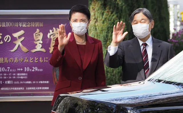 Empress Masako wore a wine red burgundy blazer suit, and ruby earrings. Tenno Sho Autumn Races in Fuchu City