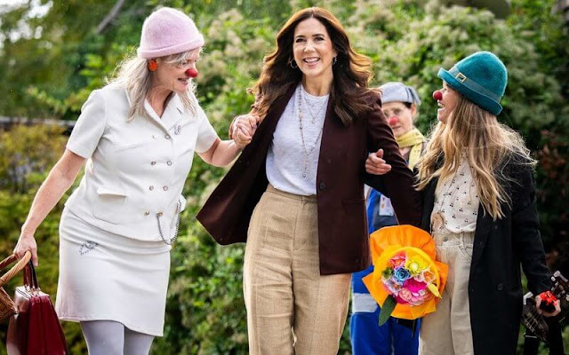 Crown Princess Mary wore mid-rise straight-leg trousers by Ralph Lauren. Malone Souliers Maureen pumps