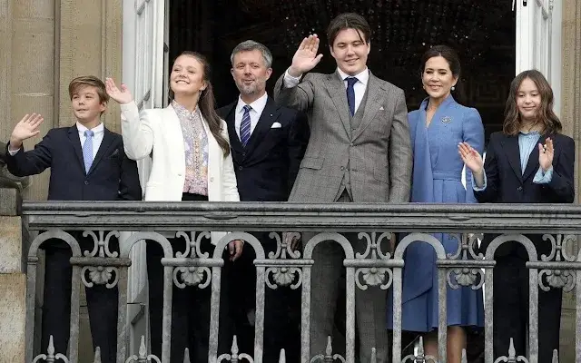 Princess Isabella wore a Kaleidoscope button multi swirl floral blouse by Zimmermann. Crown Princess Mary and Princess Josephine