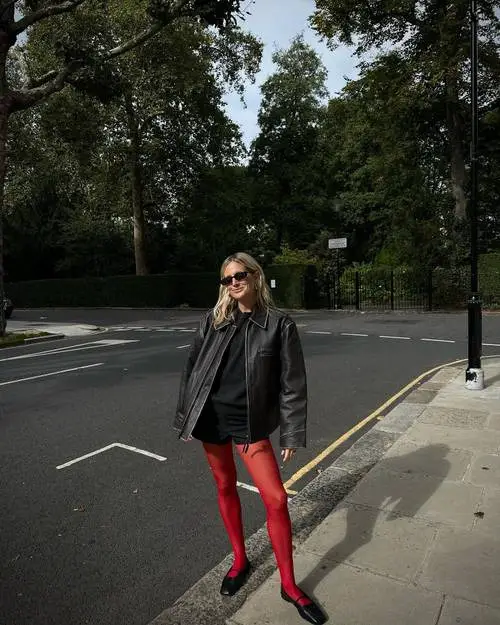 Leather Jacket + Shorts + Red Tights + Mary Janes