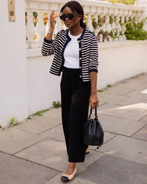 Striped Cardigan + White Tee + Black Pants + Ballet Flats