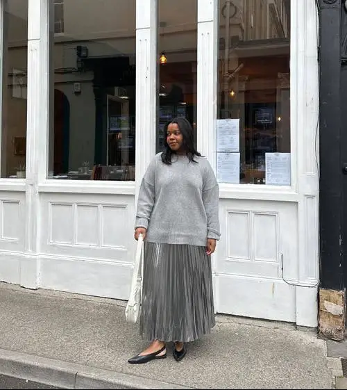 Oversized Sweater + Pleated Skirt + Slingback Flats