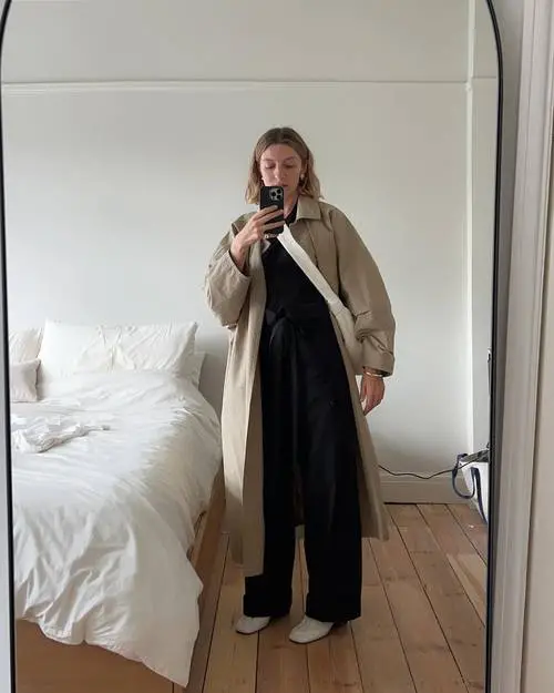 Trench Coat + Baggy Trousers + White Boots