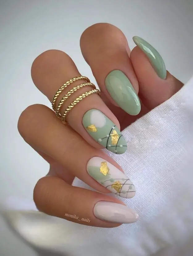 Sage + Stone Abstract Nails w/ Gold Flakes