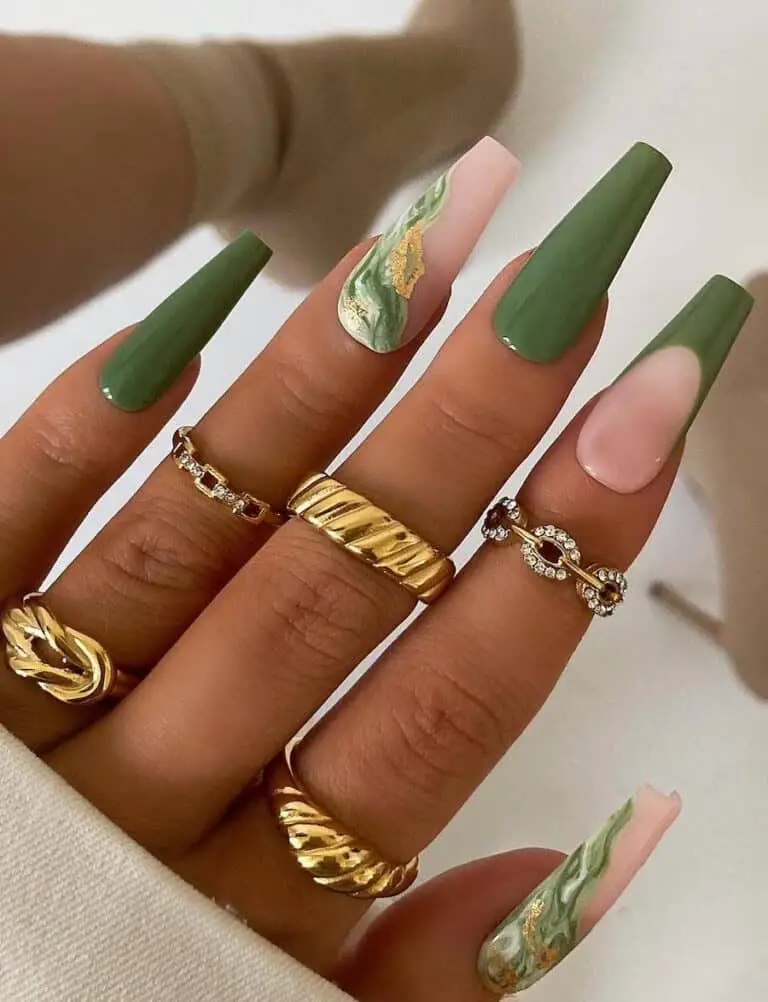 Green Marble Nails w/ Gold Flakes