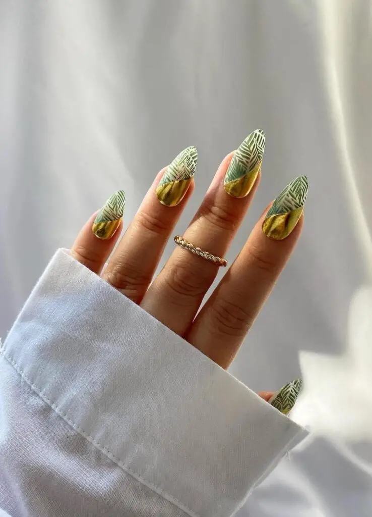 Asymmetrical Gold Polish w/ Green Leaf Art