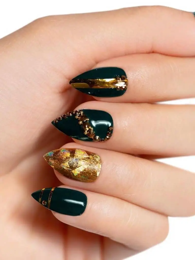 Holographic Gold + Gem Accents on Dark Green Nails