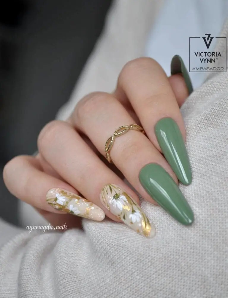 Sage Green Mani w/ Florals + Gold Accents