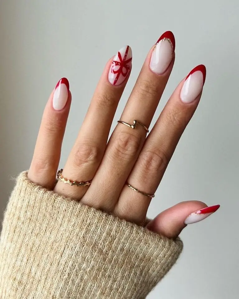 Red and White Christmas Nails: Red Gift Wrap & French Tips