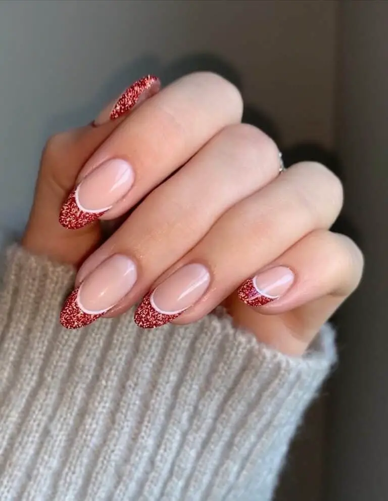 Christmas Nail Ideas: Red Glitter and White Almond Tips