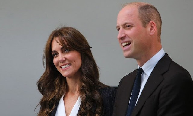 Princess of Wales wore a double-breasted stripe suit and a Cupro shirt bodysuit by Holland Cooper. Shyla earrings