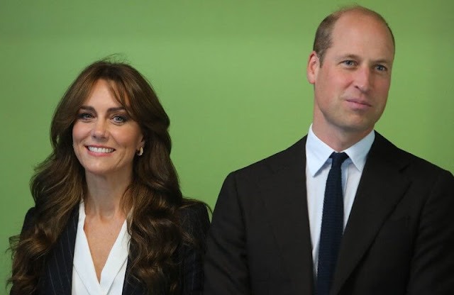 Princess of Wales wore a double-breasted stripe suit and a Cupro shirt bodysuit by Holland Cooper. Shyla earrings