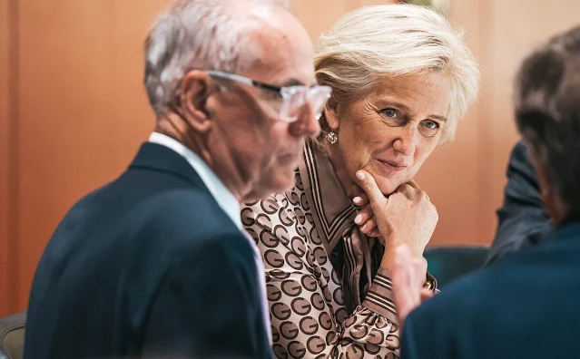 Princess Astrid wore a pussy-bow G logo-print silk-faille dress by Gucci. Princess Astrid attended the Belgian official reception