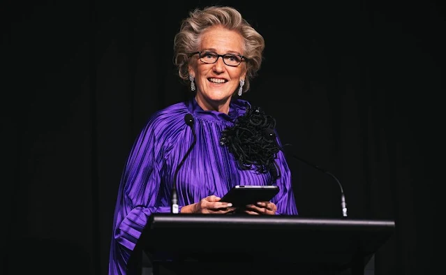 Princess Astrid wore a pussy-bow G logo-print silk-faille dress by Gucci. Princess Astrid attended the Belgian official reception