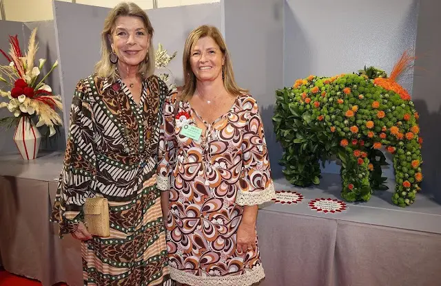 Princess Caroline of Hanover wore a Timbuktu flow printed silk midi dress by Johanna Ortiz. Gold earrings