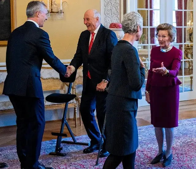 King Harald and Queen Sonja are hosting a lunch for the Nordic Council. Crown Princess Mette-Marit is wearing a Dior dress