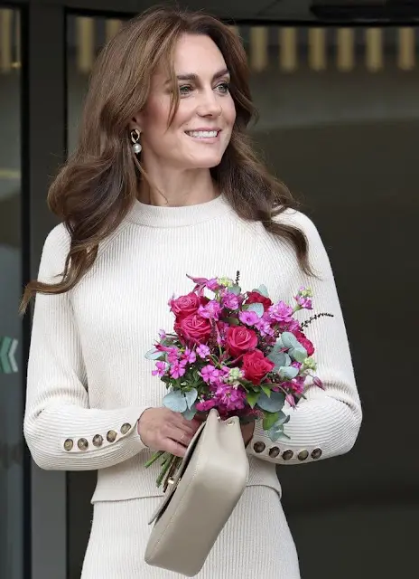 Kate Middleton wore a new Sami natural jumper by Sezane. Sezane Naelle Skirt. World Mental Health Day event