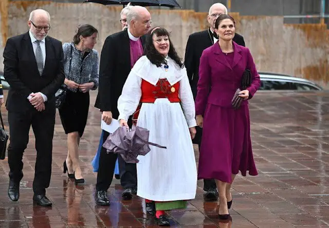 Crown Princess Victoria wore a wine red midi dress by Camilla Thulin, and a red jacket by Andiata