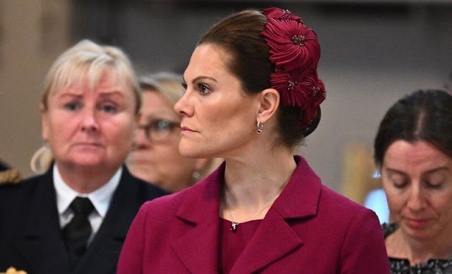 Crown Princess Victoria wore a wine red midi dress by Camilla Thulin, and a red jacket by Andiata