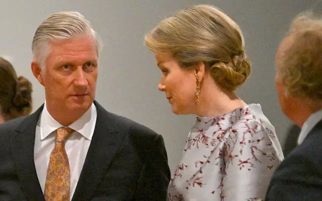 Queen Mathilde wore a floral print silk satin midi dress by Natan. President of Georgia, Salome Nino Zourabichvili