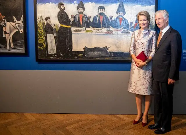 Queen Mathilde wore a floral print silk satin midi dress by Natan. President of Georgia, Salome Nino Zourabichvili