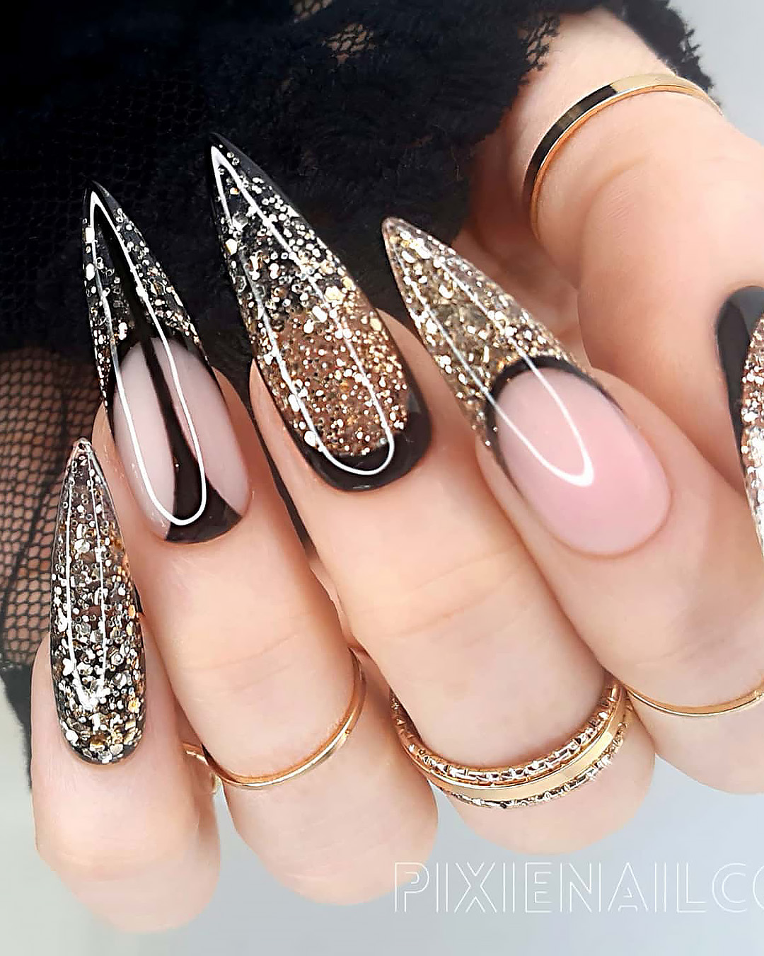 black and gold wedding nails long with glitter pixienailco - Black and Gold Wedding Nail Designs