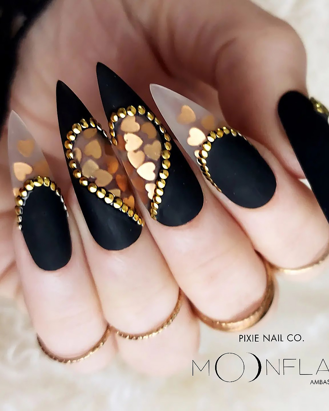 black and gold wedding nails long with hearts pixienailco - Black and Gold Wedding Nail Designs