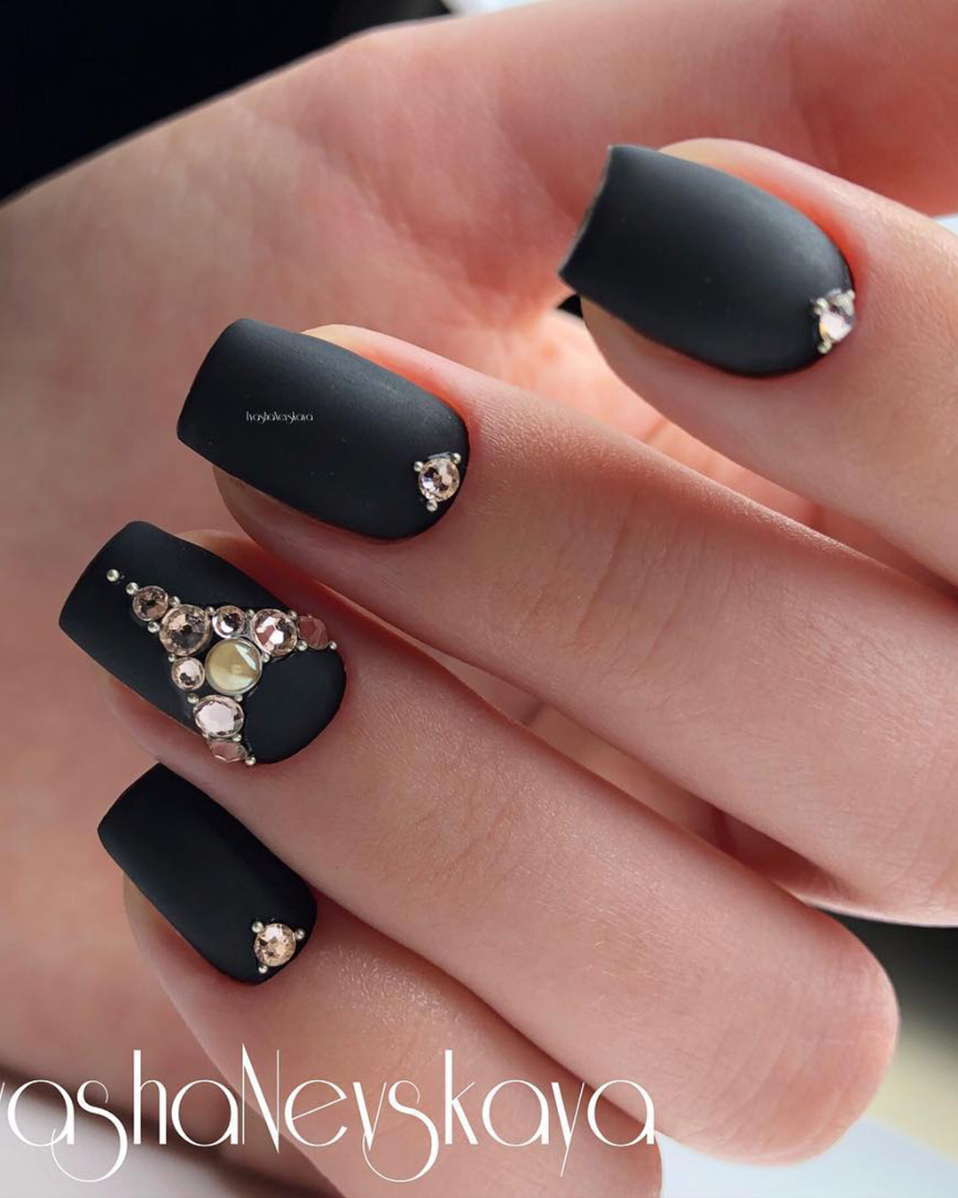 black and gold wedding nails matte with rhinestones lyasha_nevskaya  - Black and Gold Wedding Nail Designs