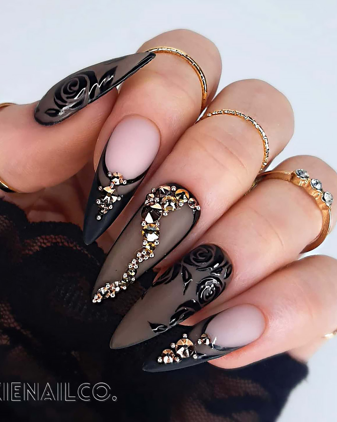 black and gold wedding nails transparent with rhinestones pixienailco - Black and Gold Wedding Nail Designs
