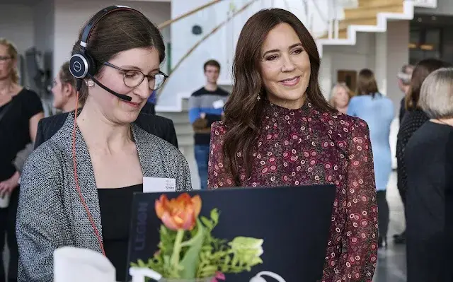 Crown Princess Mary wore a wine red Jacqui B dress by Saloni with navy blue wool coat. Novo Nordisk Foundation