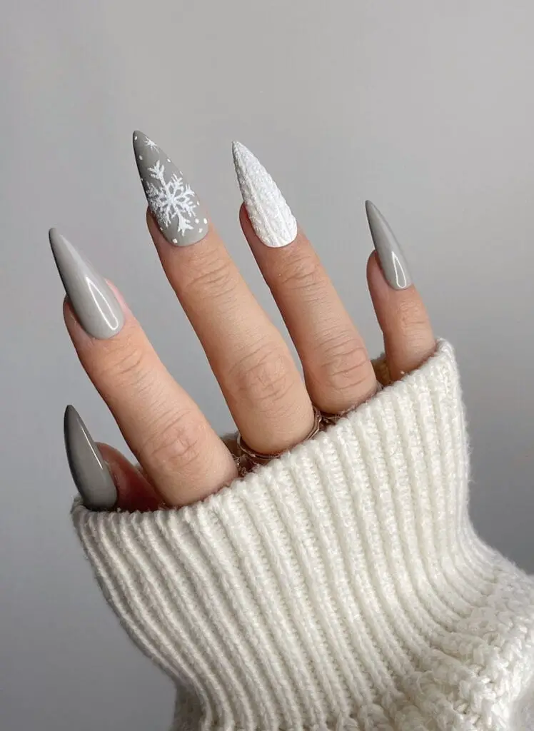 Grey Manicure with Snowflakes and Cable Knit Details