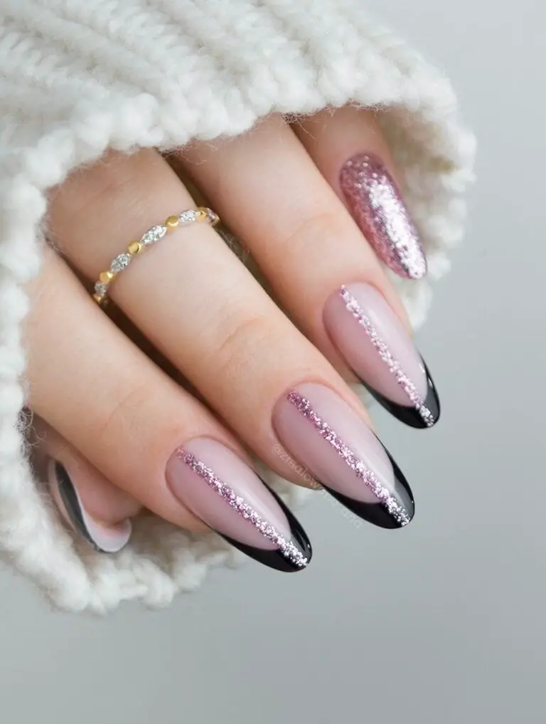 Chic Black French Tips with Sparkling Pink Accents