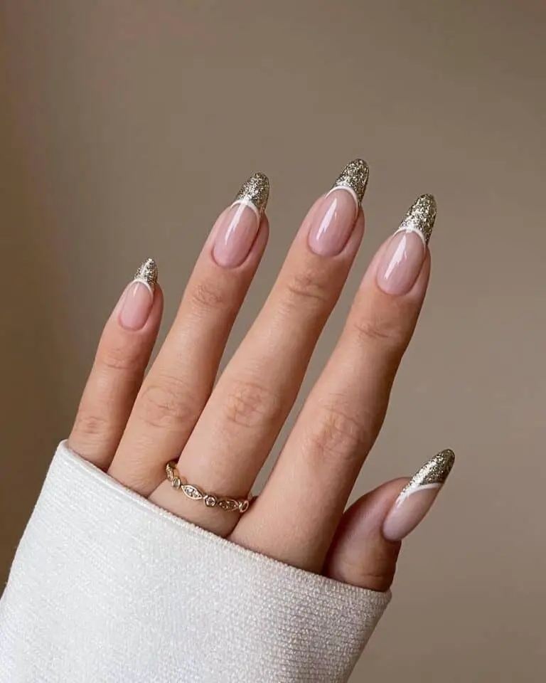 Shimmering Gold French Manicures with White Highlights